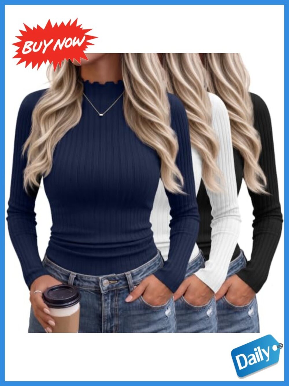 3 Pack Women's Mock Turtleneck Ribbed Long Sleeve Tops Slim Fit
